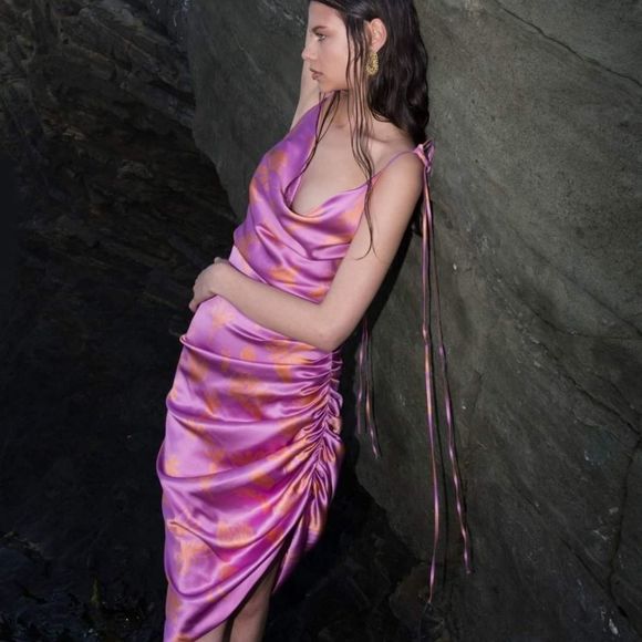 Bogdar Queeny Ruched Silk Stretch Satin Midi Slip Dress in Pink Floral - Picture 4 of 13